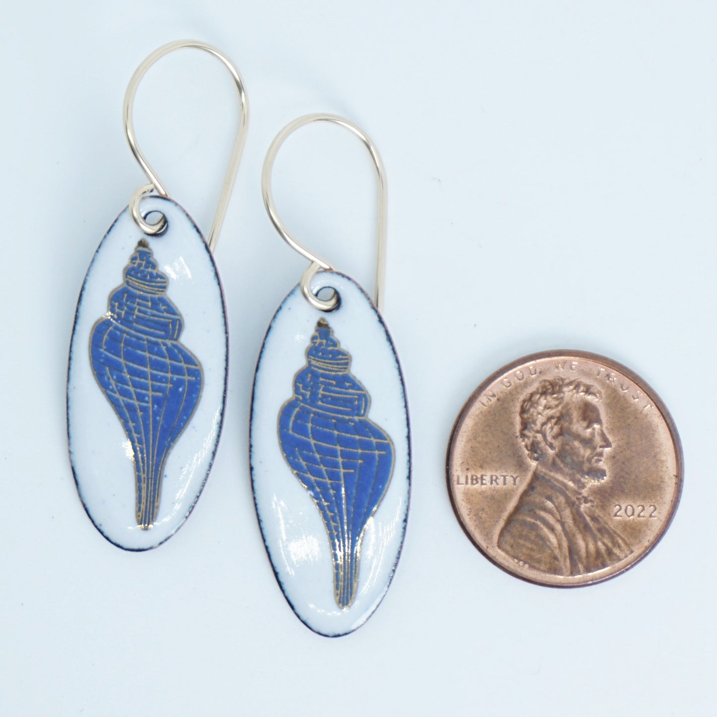 White Enamel Oval Earrings with Blue and Gold Conch Shell