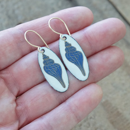 White Enamel Oval Earrings with Blue and Gold Conch Shell