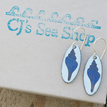 White Enamel Oval Earrings with Blue and Gold Conch Shell