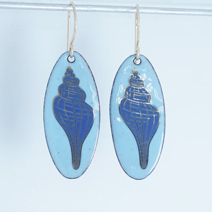 Light Blue Enamel Oval Earrings with Blue and Gold Conch Shell