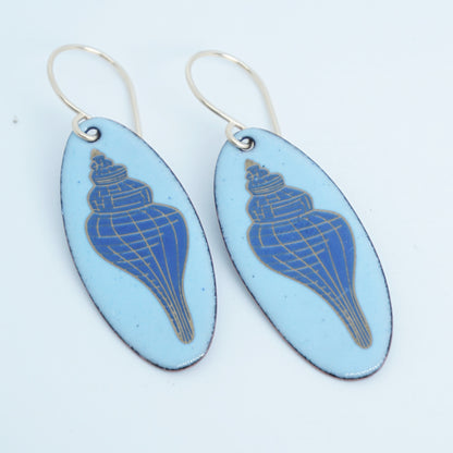 Light Blue Enamel Oval Earrings with Blue and Gold Conch Shell