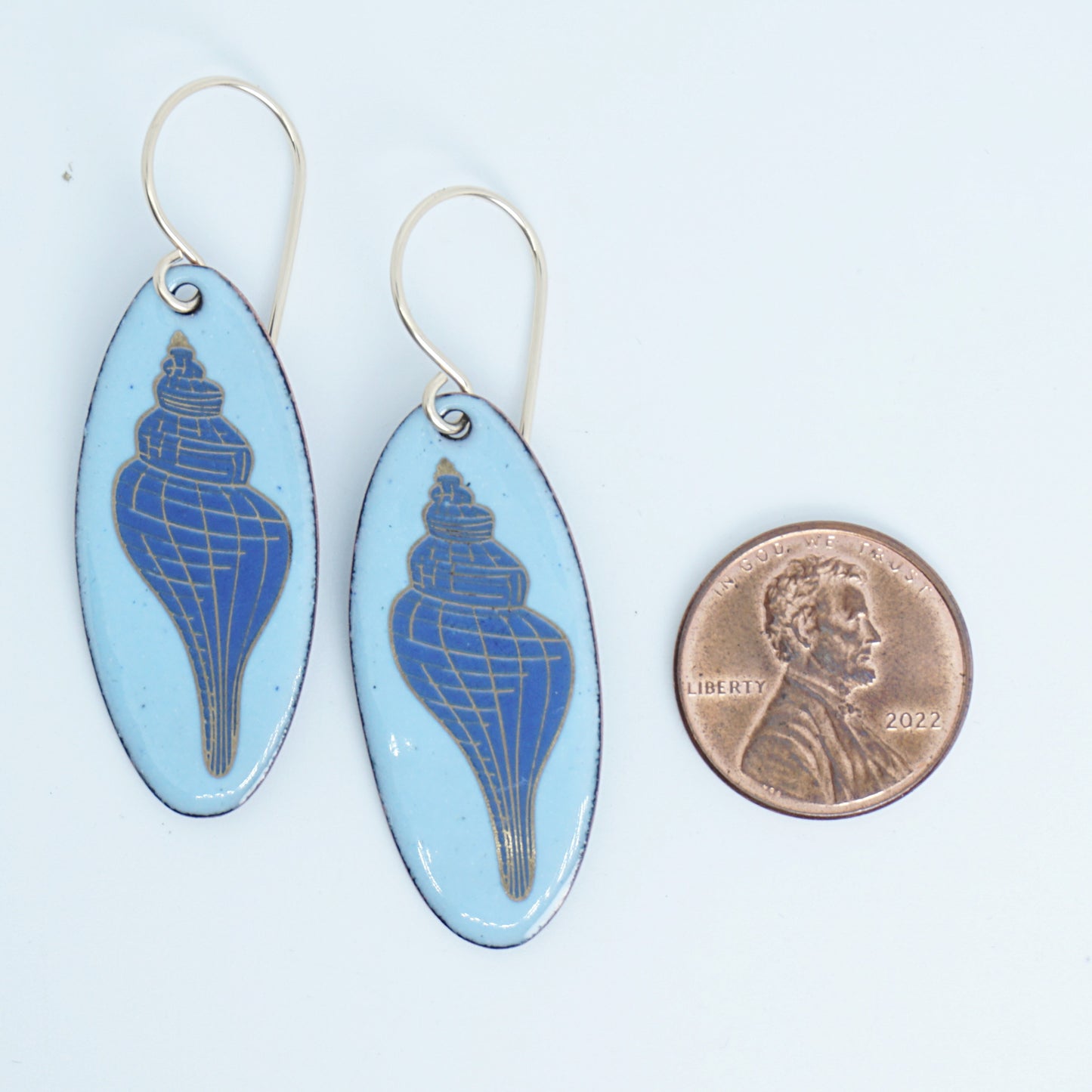 Light Blue Enamel Oval Earrings with Blue and Gold Conch Shell