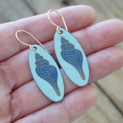 Light Blue Enamel Oval Earrings with Blue and Gold Conch Shell