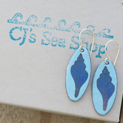 Light Blue Enamel Oval Earrings with Blue and Gold Conch Shell
