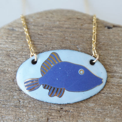 Light Blue Enamel Necklace with Blue and Gold Fish
