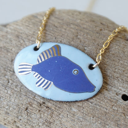 Light Blue Enamel Necklace with Blue and Gold Fish