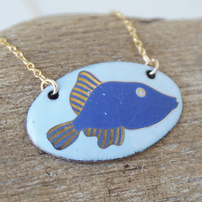 Light Blue Enamel Necklace with Blue and Gold Fish