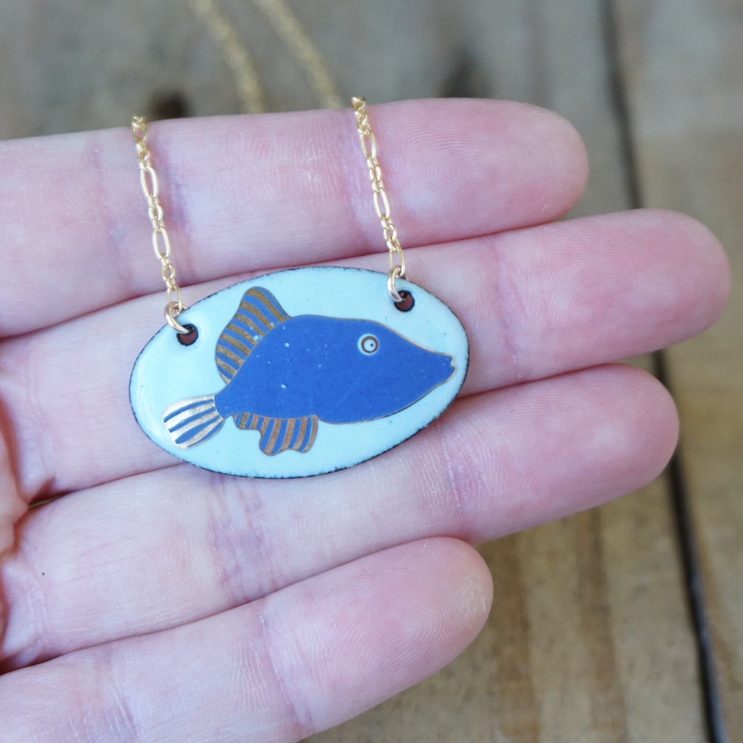 Light Blue Enamel Necklace with Blue and Gold Fish
