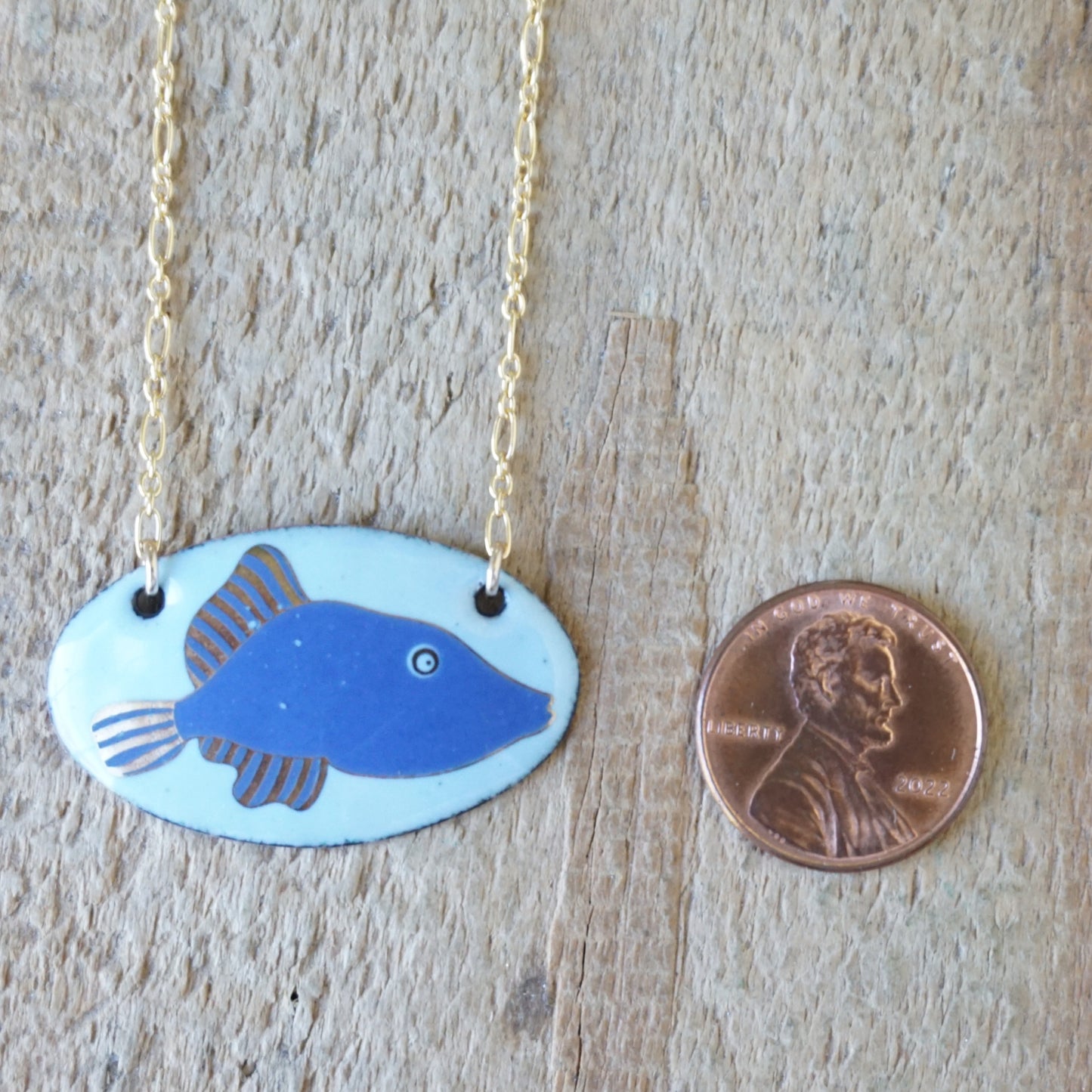 Light Blue Enamel Necklace with Blue and Gold Fish