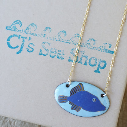 Light Blue Enamel Necklace with Blue and Gold Fish