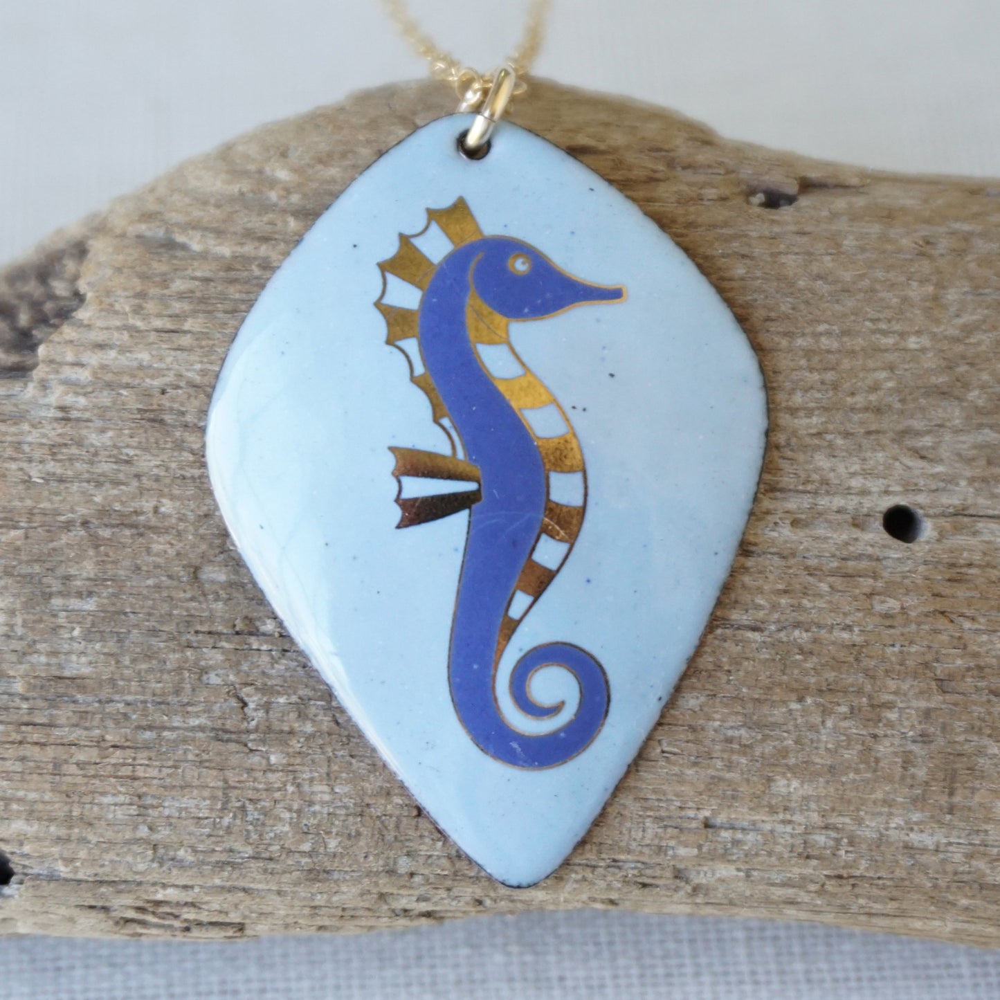 Light Blue Enamel Necklace with Blue and Gold Seahorse