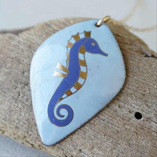 Light Blue Enamel Necklace with Blue and Gold Seahorse