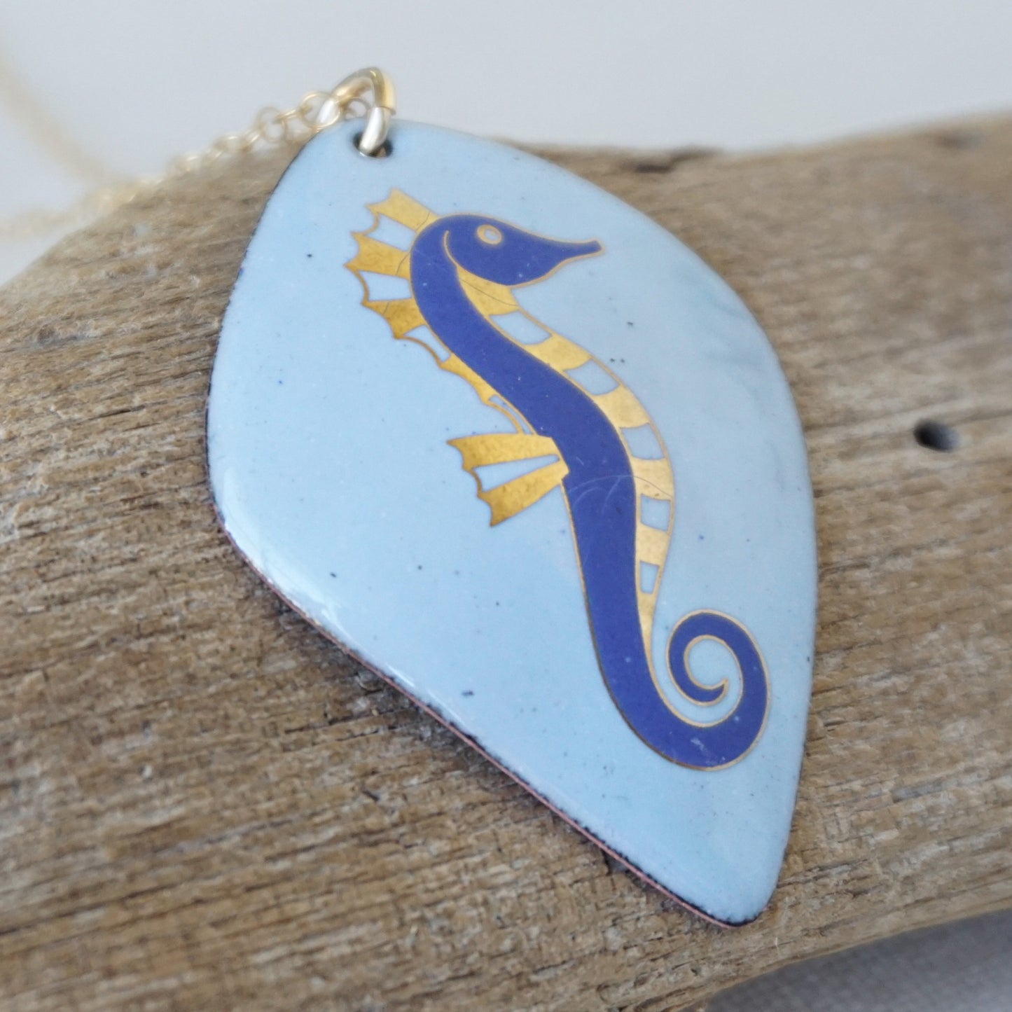 Light Blue Enamel Necklace with Blue and Gold Seahorse