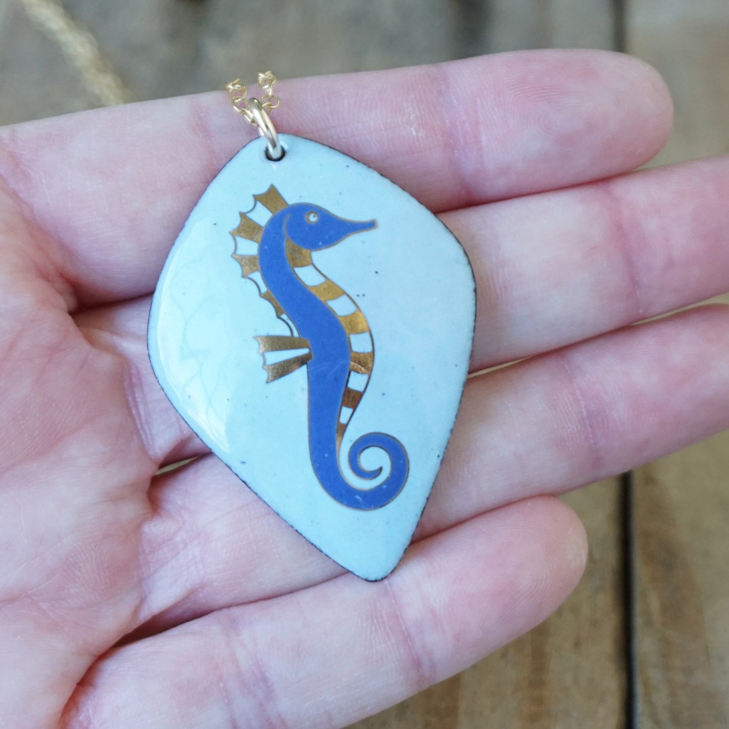 Light Blue Enamel Necklace with Blue and Gold Seahorse