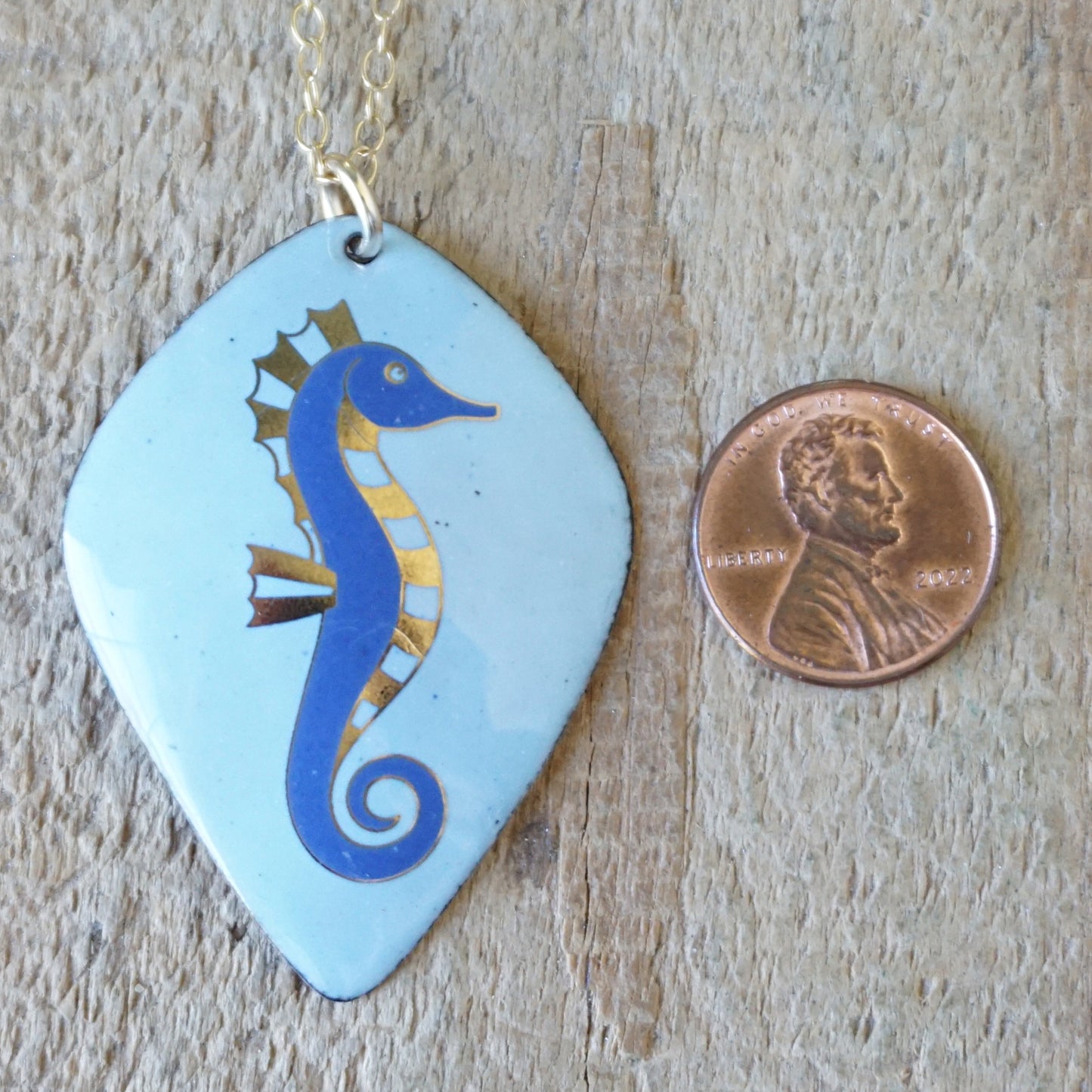 Light Blue Enamel Necklace with Blue and Gold Seahorse