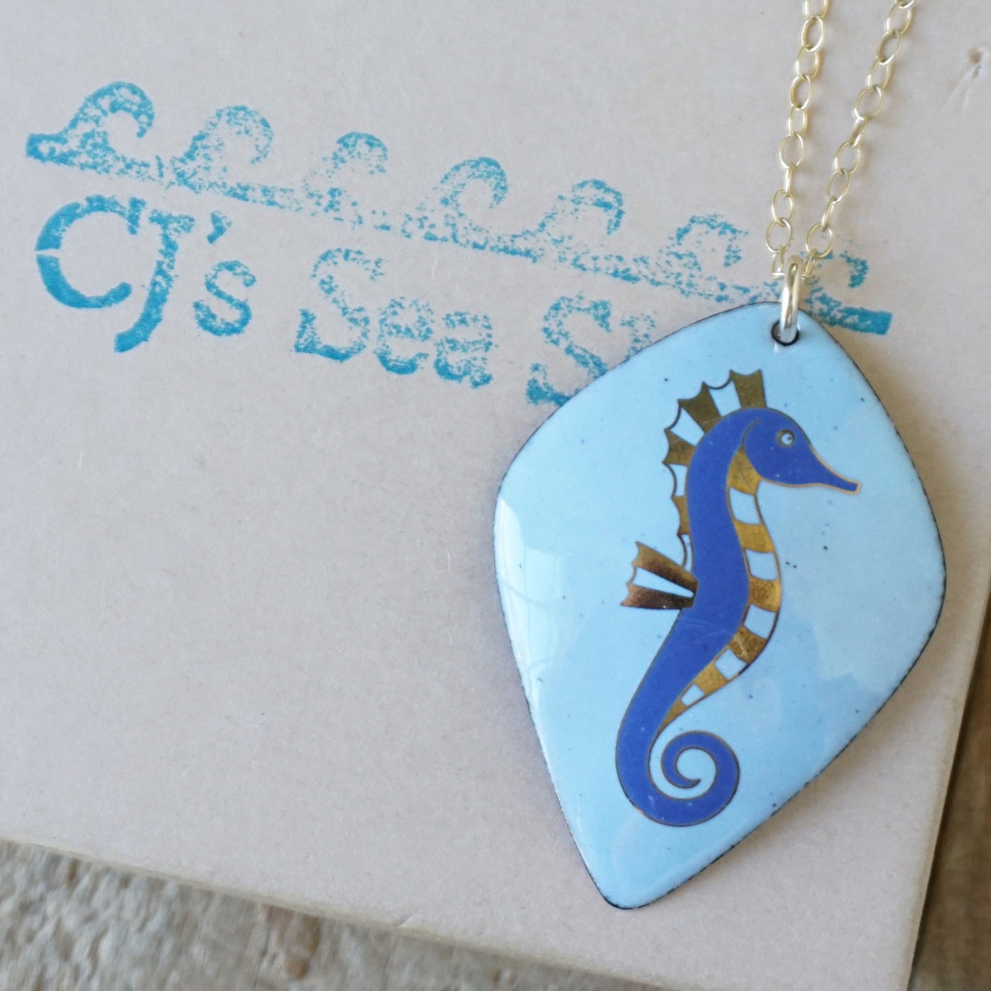 Light Blue Enamel Necklace with Blue and Gold Seahorse