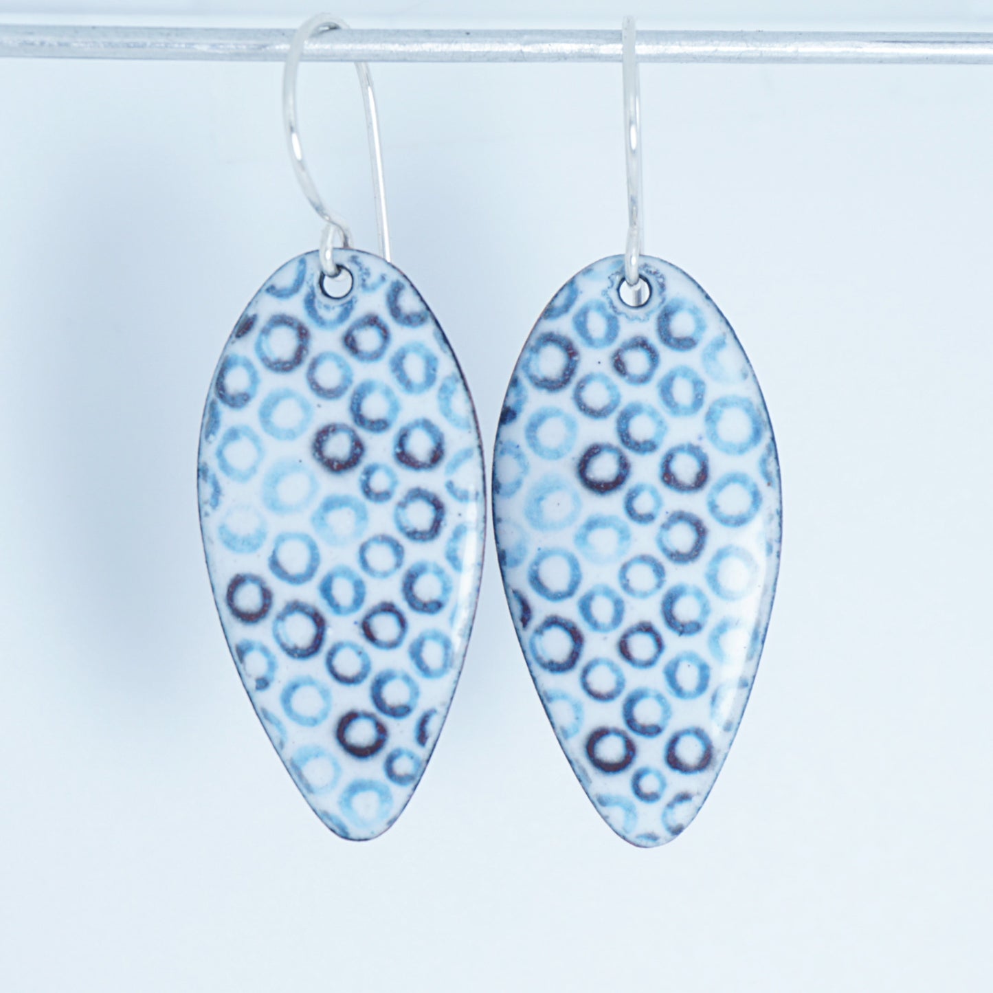 White Enamel Teardrop Earrings with Blue Bubbles