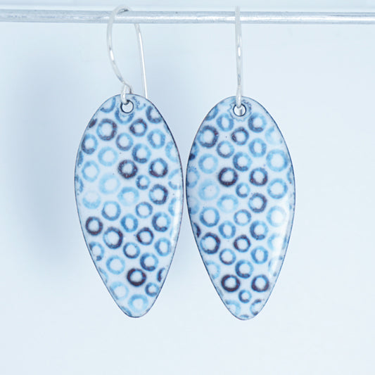 White Enamel Teardrop Earrings with Blue Bubbles