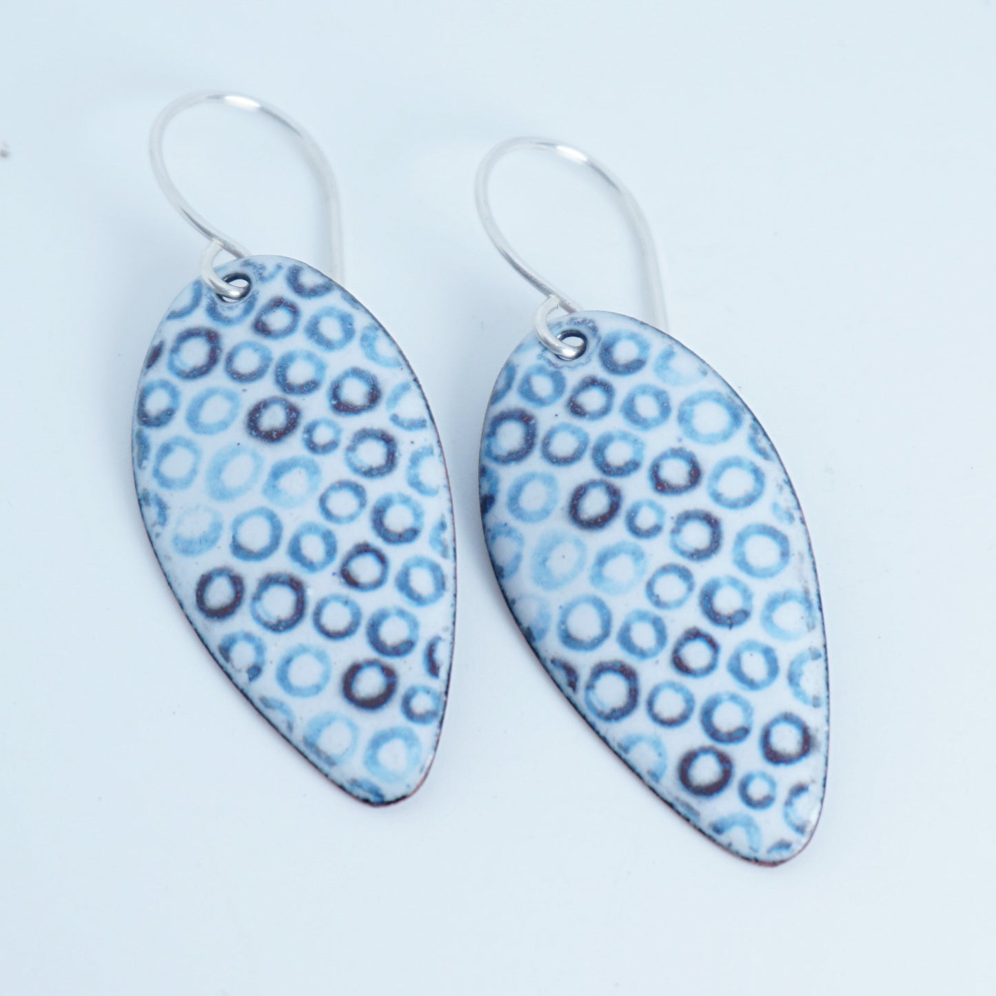White Enamel Teardrop Earrings with Blue Bubbles