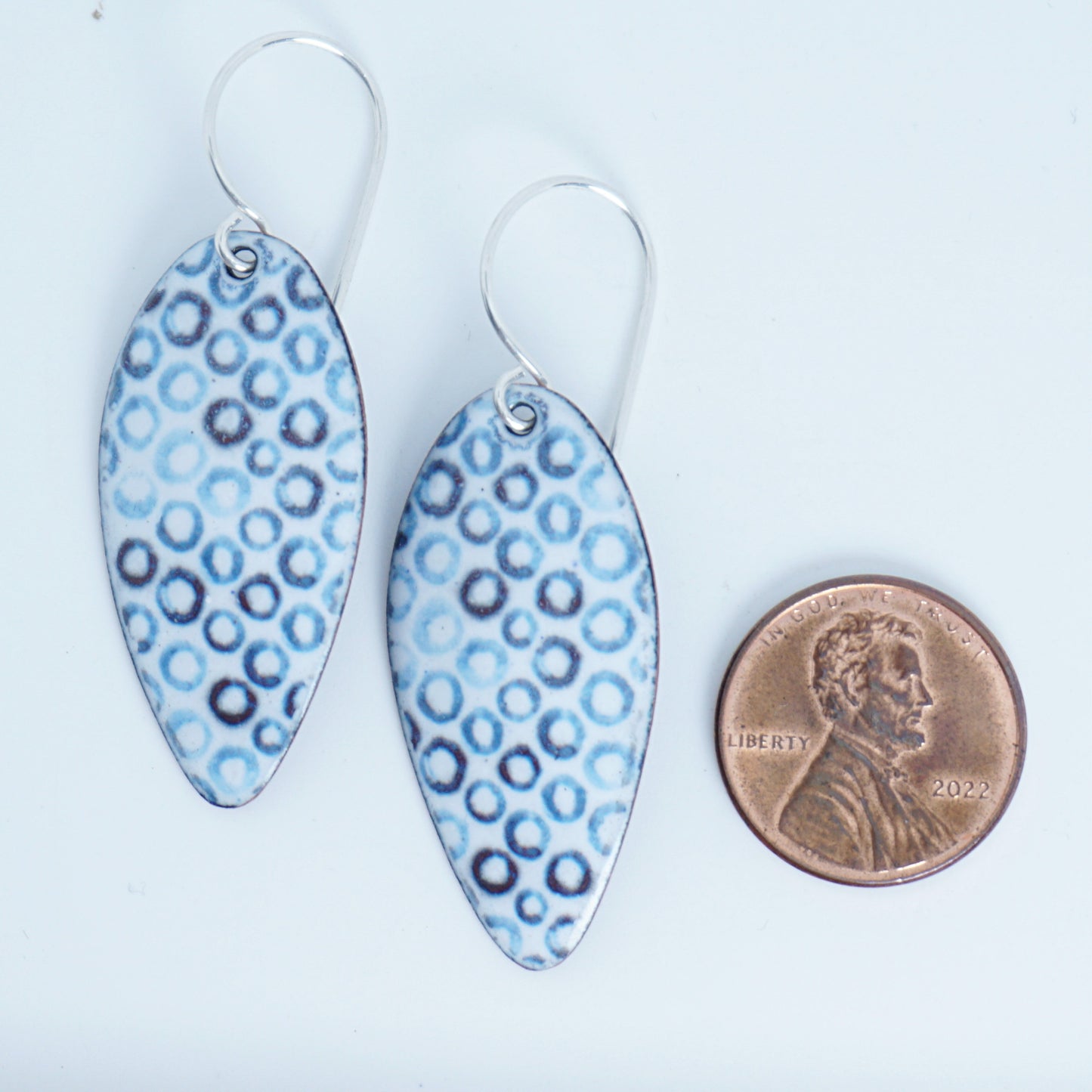 White Enamel Teardrop Earrings with Blue Bubbles