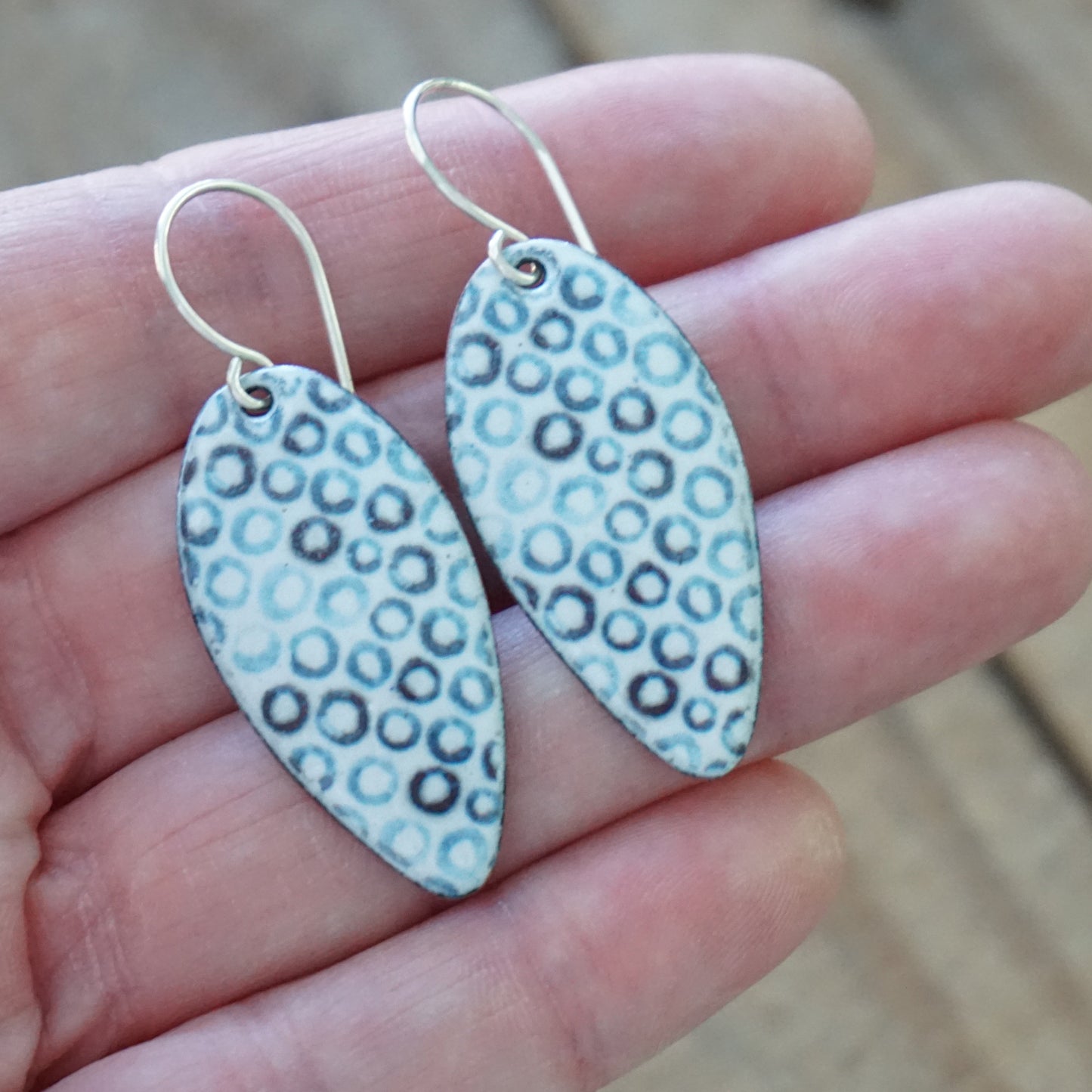 White Enamel Teardrop Earrings with Blue Bubbles