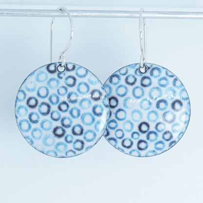 White Enamel Disc Earrings with Blue Bubbles