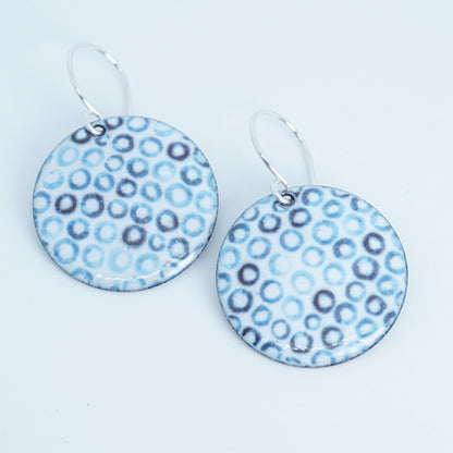 White Enamel Disc Earrings with Blue Bubbles
