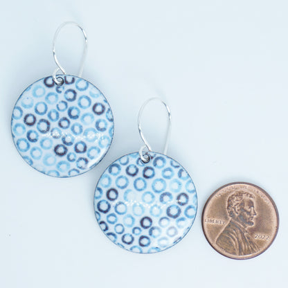 White Enamel Disc Earrings with Blue Bubbles