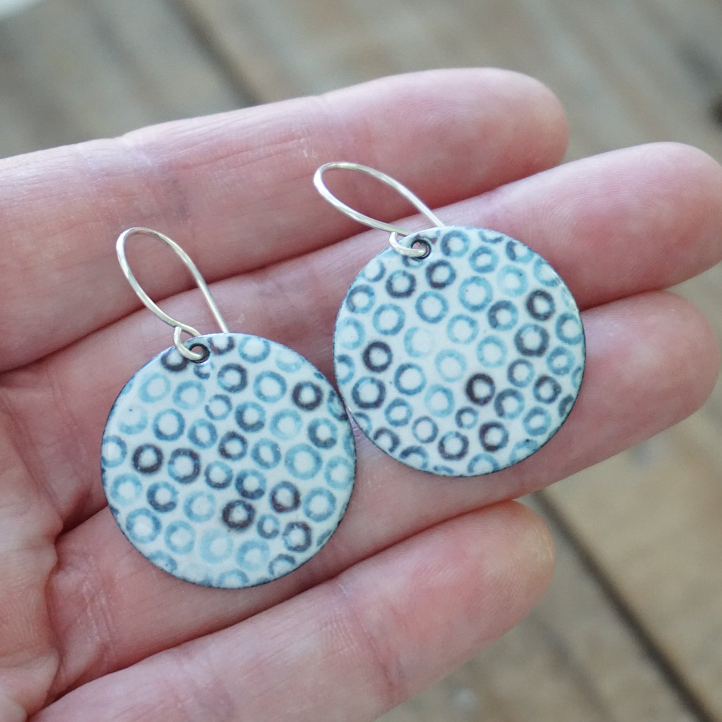 White Enamel Disc Earrings with Blue Bubbles