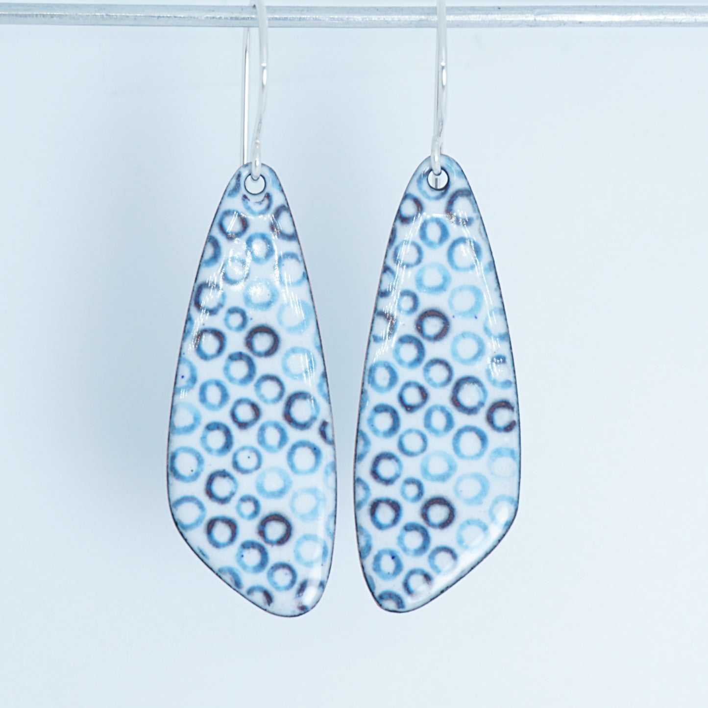 White Enamel Teardrop Earrings with Blue Bubbles