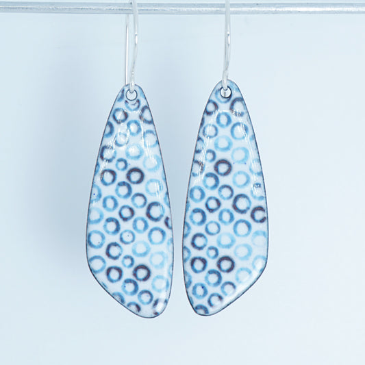 White Enamel Teardrop Earrings with Blue Bubbles