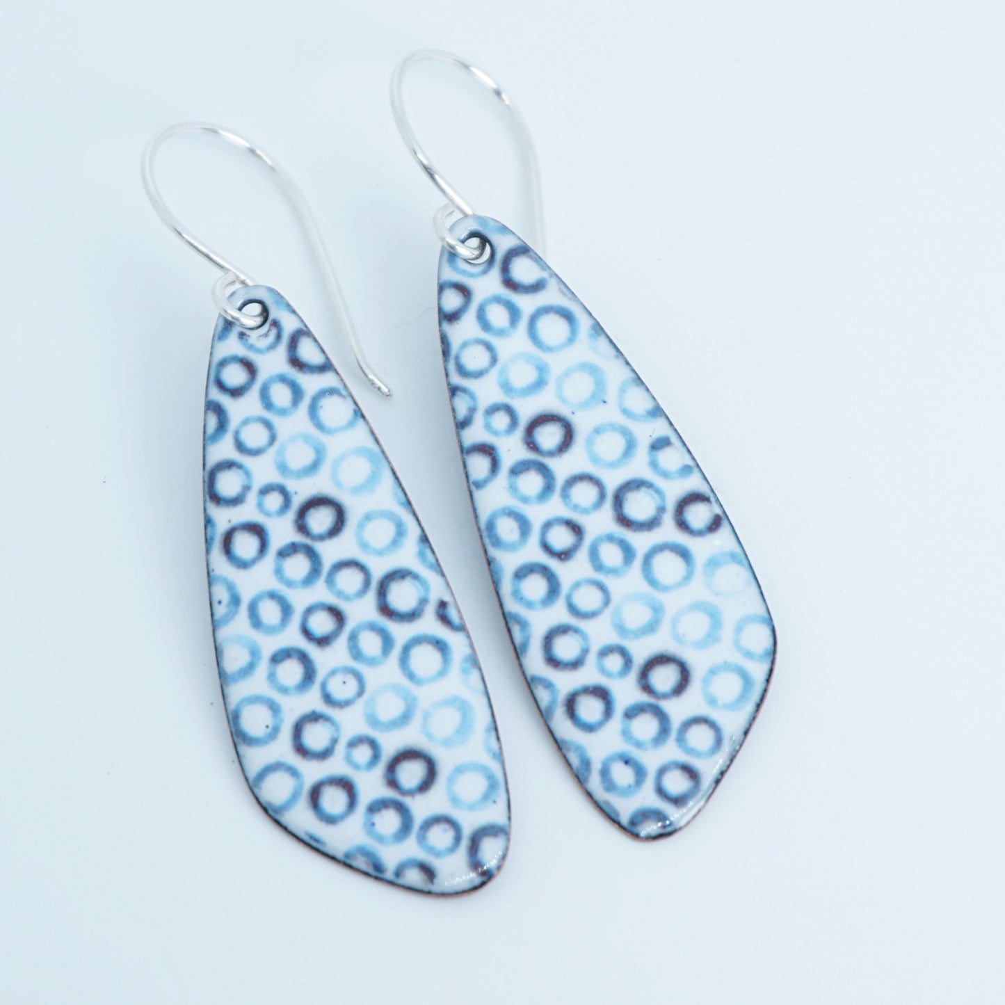 White Enamel Teardrop Earrings with Blue Bubbles