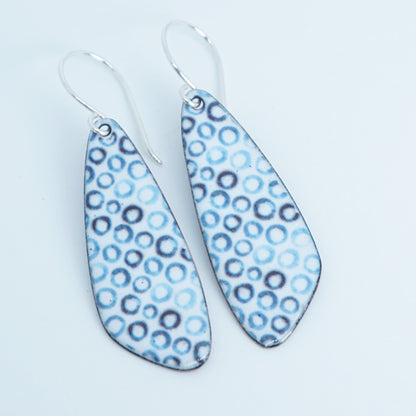 White Enamel Teardrop Earrings with Blue Bubbles