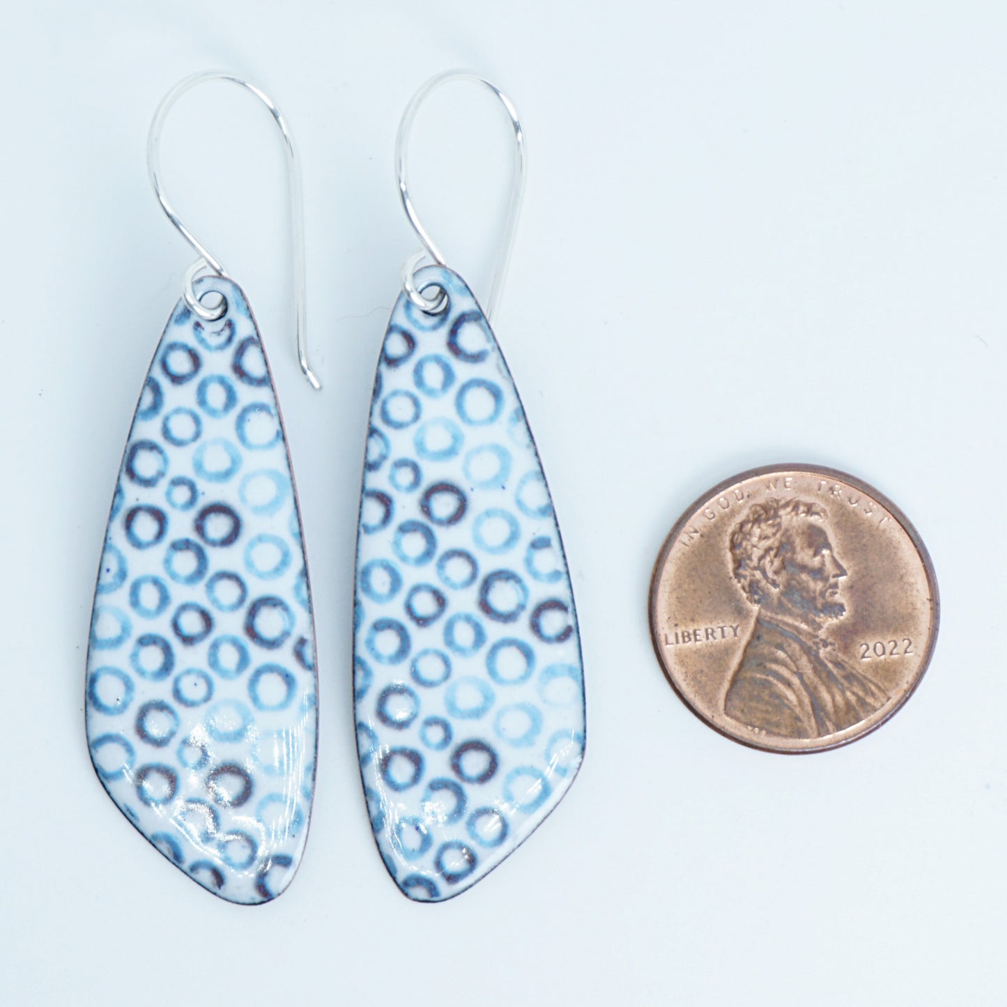 White Enamel Teardrop Earrings with Blue Bubbles