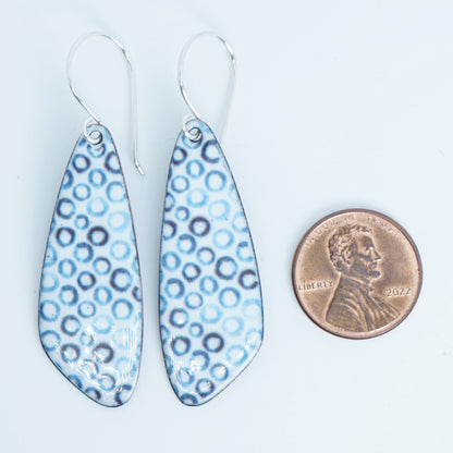 White Enamel Teardrop Earrings with Blue Bubbles
