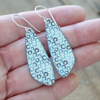 White Enamel Teardrop Earrings with Blue Bubbles