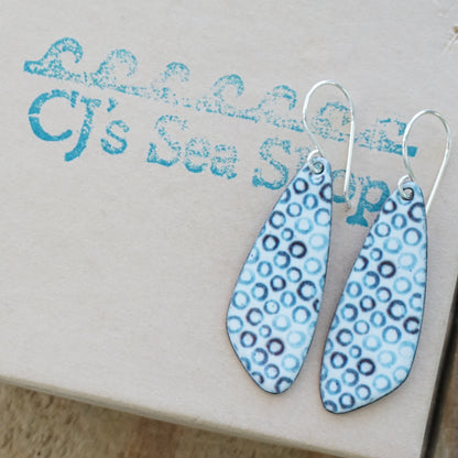 White Enamel Teardrop Earrings with Blue Bubbles