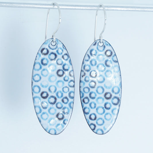 White Enamel Oval Earrings with Blue Bubbles