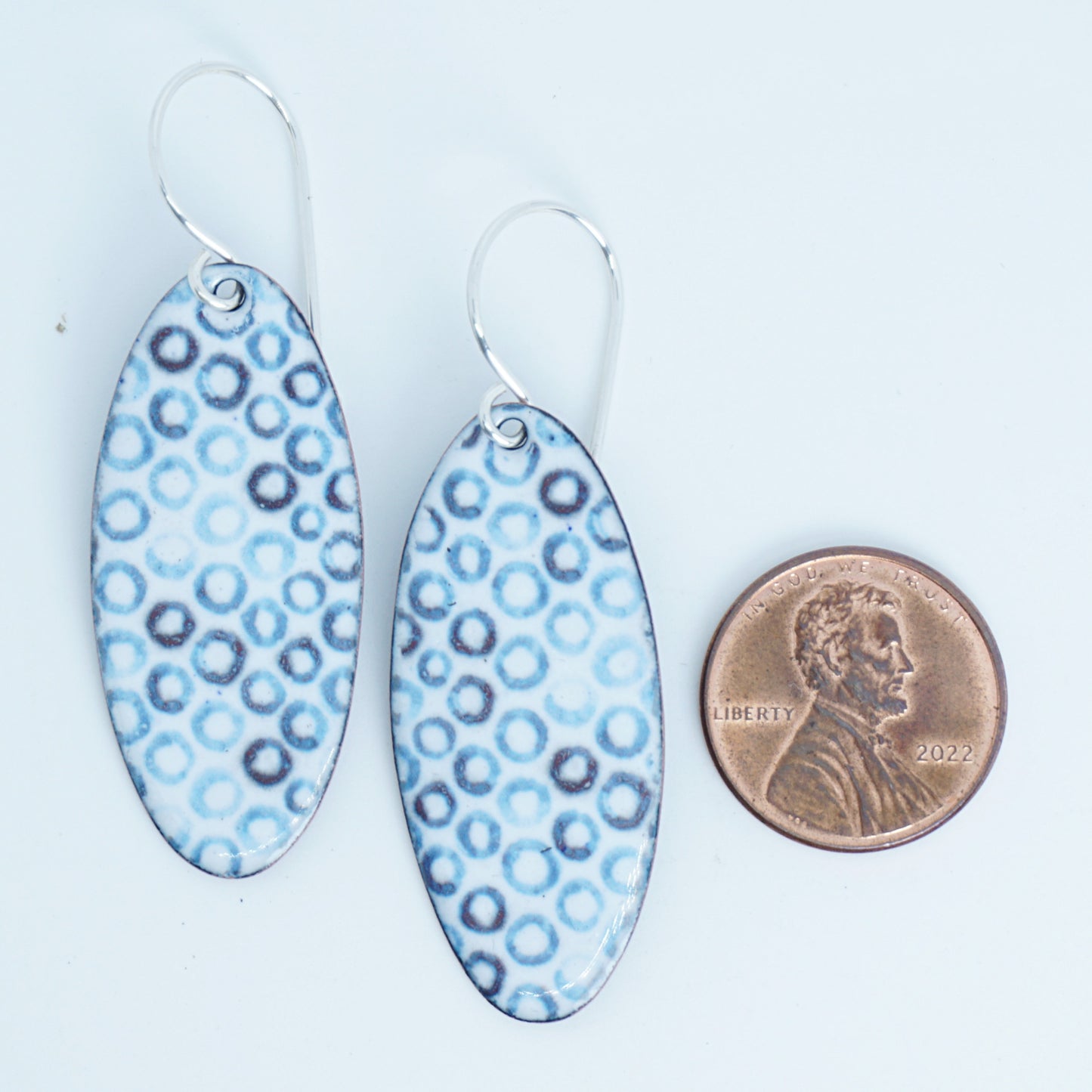 White Enamel Oval Earrings with Blue Bubbles