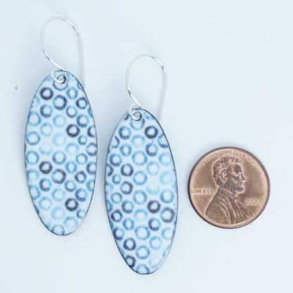 White Enamel Oval Earrings with Blue Bubbles