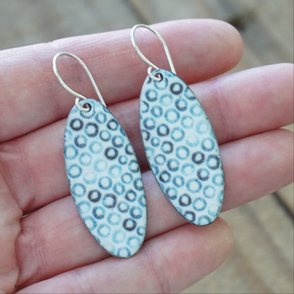 White Enamel Oval Earrings with Blue Bubbles