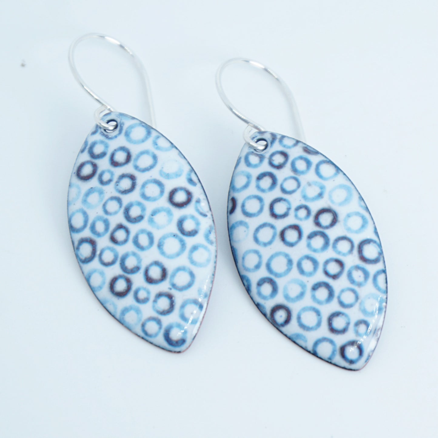 White Enamel Marquis Earrings with Blue Bubbles