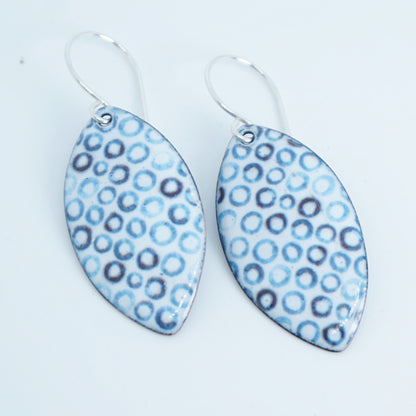 White Enamel Marquis Earrings with Blue Bubbles