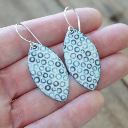White Enamel Marquis Earrings with Blue Bubbles