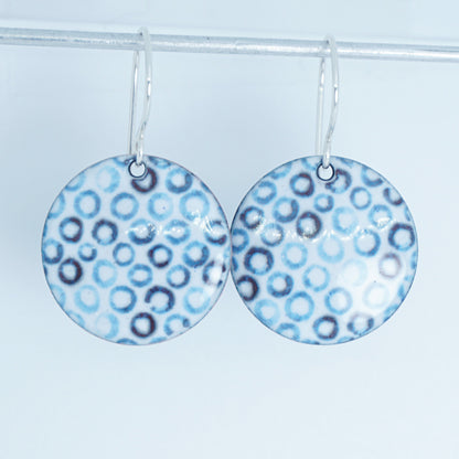 White Enamel Disc Earrings with Blue Bubbles