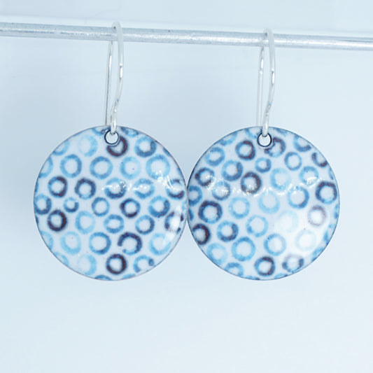 White Enamel Disc Earrings with Blue Bubbles