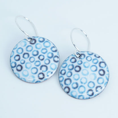 White Enamel Disc Earrings with Blue Bubbles