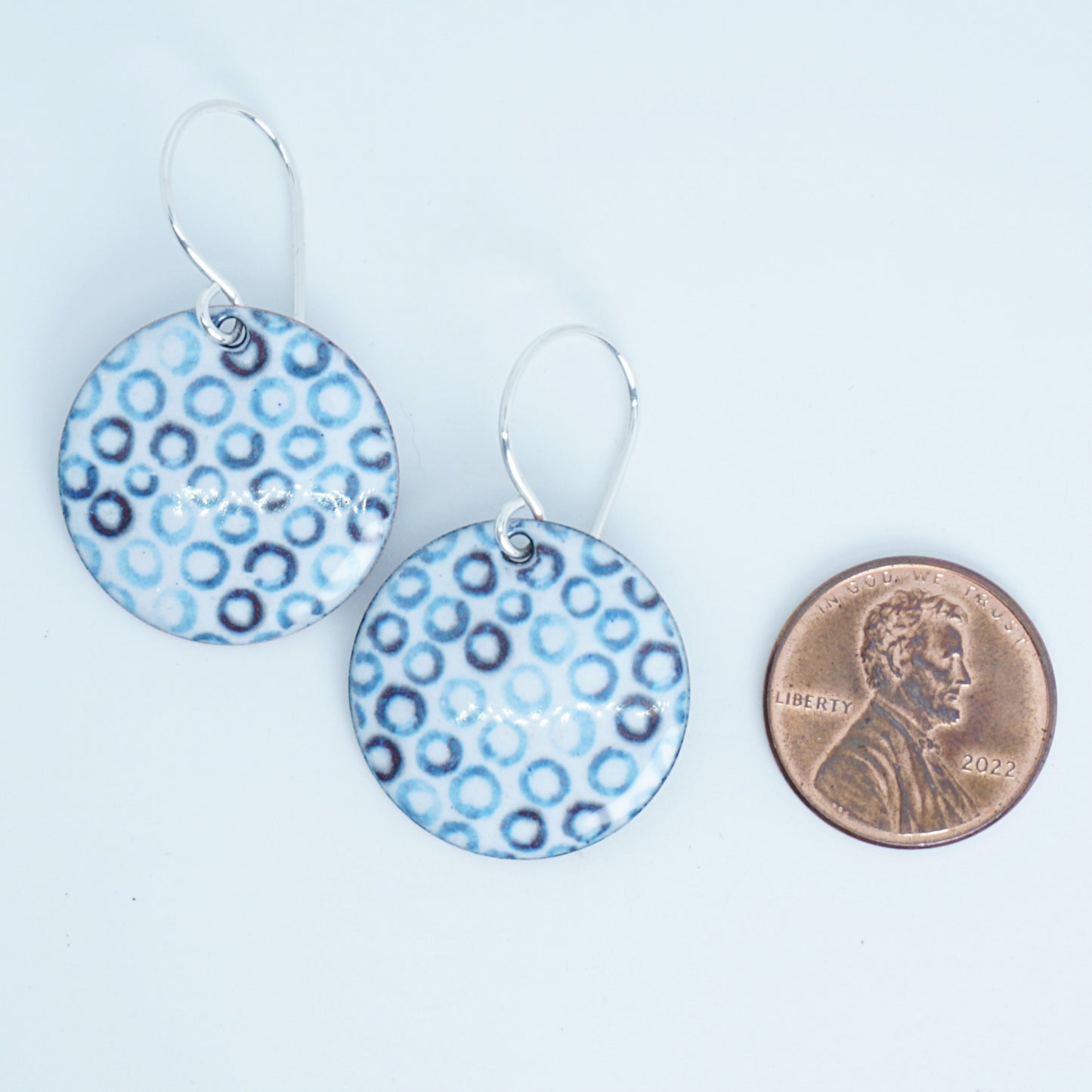 White Enamel Disc Earrings with Blue Bubbles