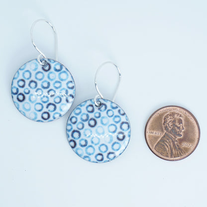 White Enamel Disc Earrings with Blue Bubbles