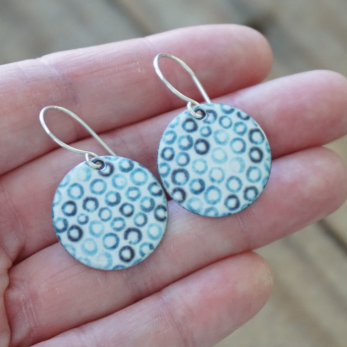 White Enamel Disc Earrings with Blue Bubbles